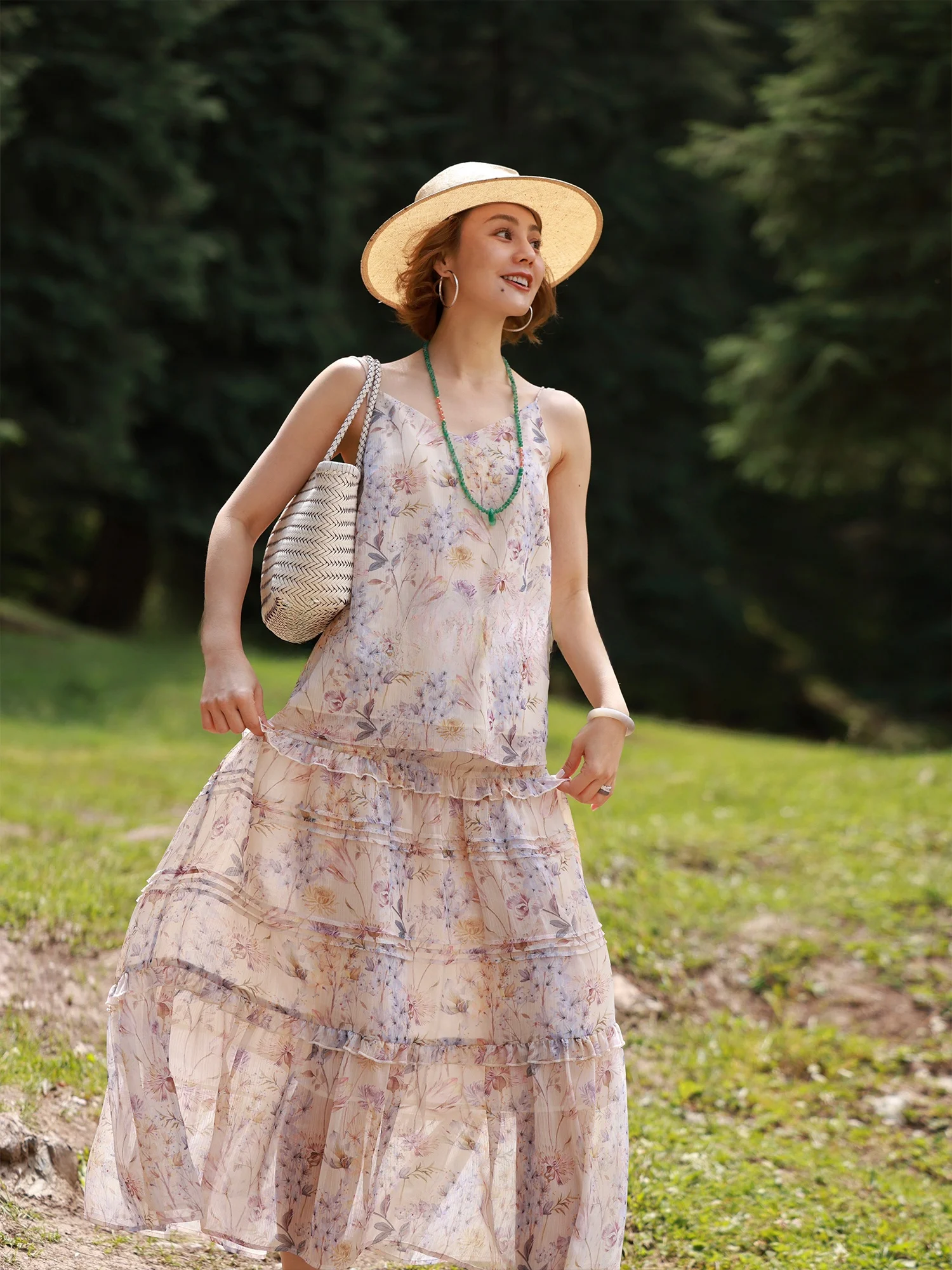 

Юбка-кейк WinnieTang с V-образным вырезом, принтом растений, эластичной талией, из шелкового хлопка, с короткими рукавами