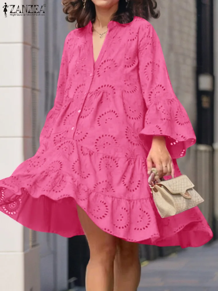 ZANZEA Autumn Flare Sleeve Party Ruffles Dress Bohemain Women's Dresses 2024 Spring Lace Crochet Sundress Loose Holiday Vestidos