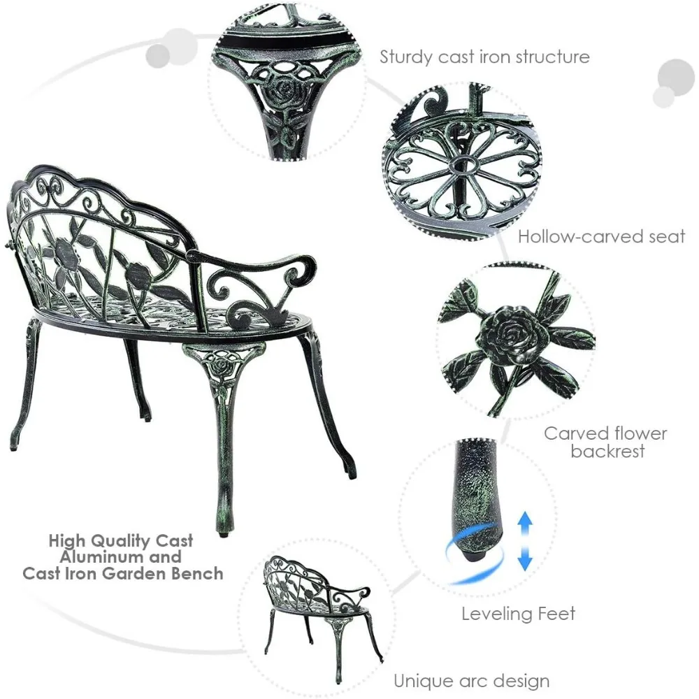 Outdoor Garden Bench Iron Patio Benches for Outdoors, Porch Bench Chair with Curved Legs Cast Aluminum Rose Antique Style