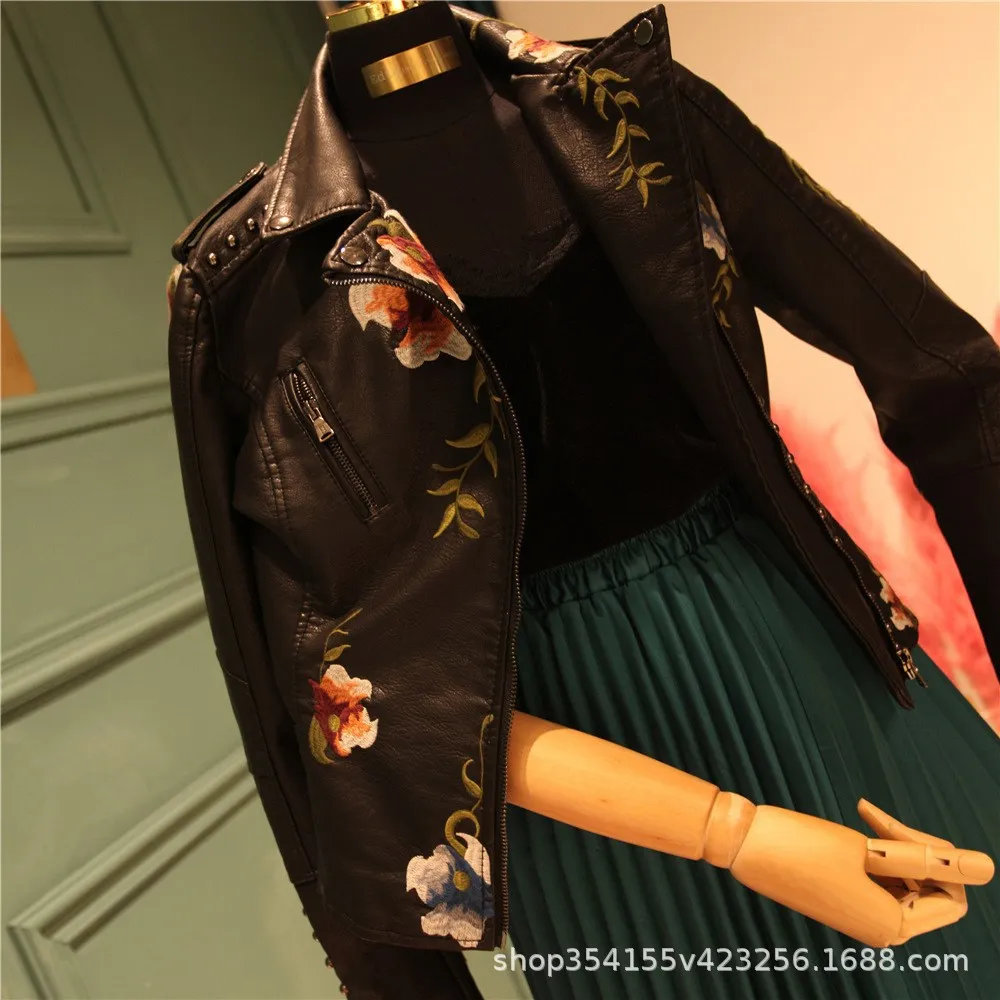 Women's Graffiti Rivet Leather Jacket, Punk Rock Jacket, Fashionable Motorcycle Jacket, Zipper embroidered leather jacket