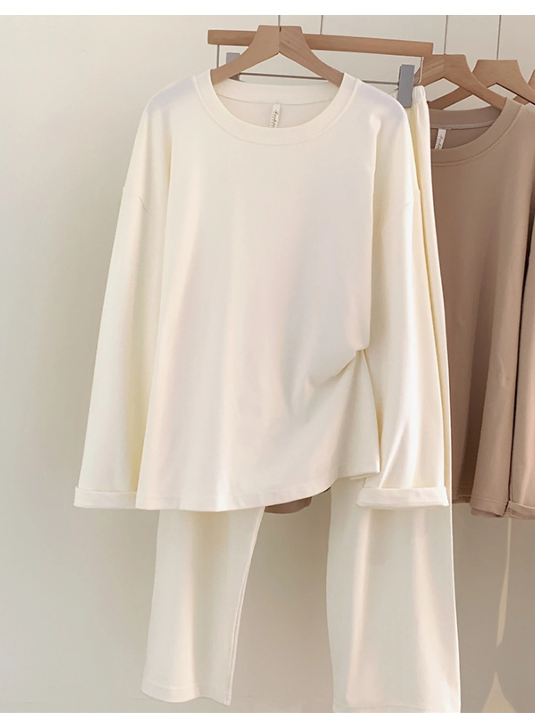 

5084 Derong Thermal Pajamas for Women Autumn and Winter Casual Simple Pure Color Round Neck Long Sleeves Thickeneded Spring & Fall Home Wear Set