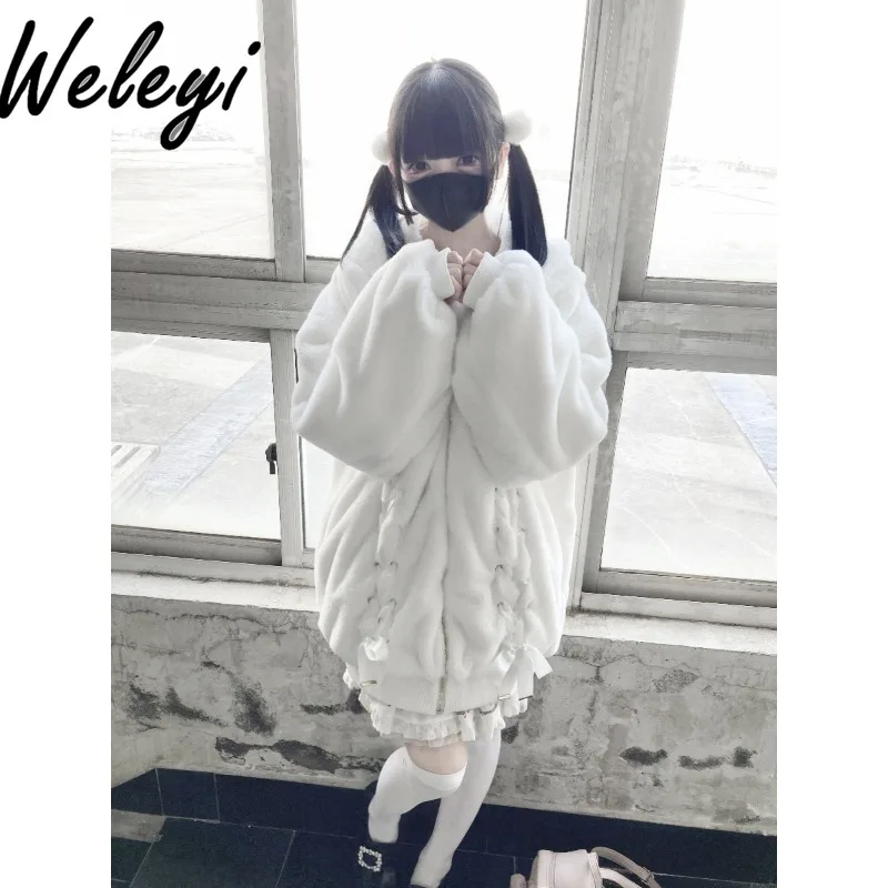 Super Cute White Velvet Lolita Coats for Women Winter Korean Fashion Mass Production Mine Strap Bow Hooded Rabbit Ear Loose Coat