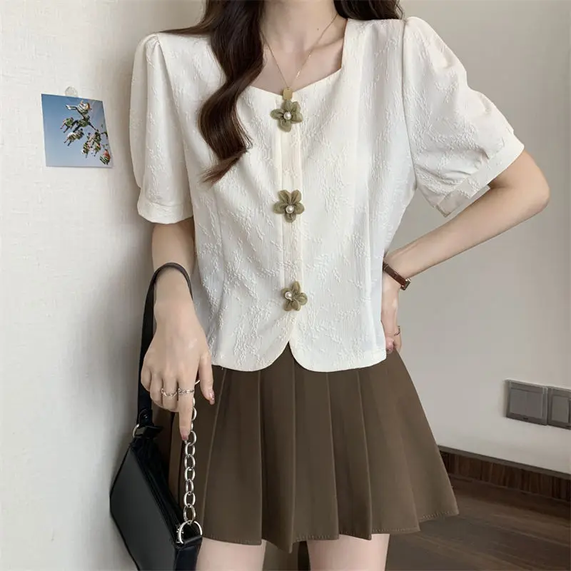 Women\'s Shirts 2024 Summer New Fashion Korean Commuter Solid Color Button Square Collar All-match Loose Short Sleeve Shirts Tops