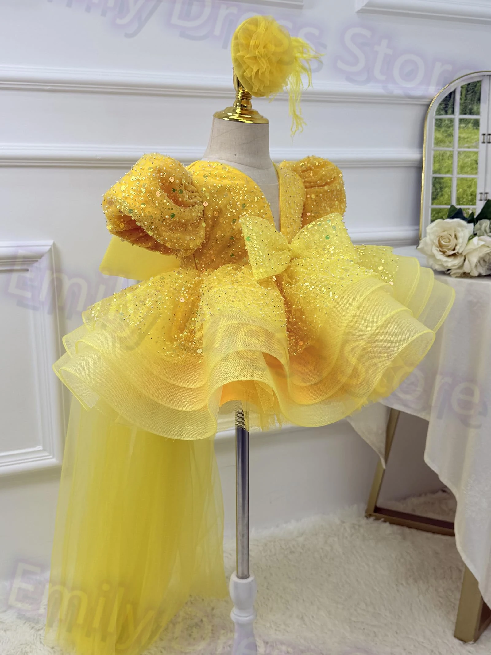 Abito da ragazza di fiore rosa personalizzato per paillettes da sposa gonfio brillante con fiocco Abiti da prima comunione per feste di compleanno per bambini