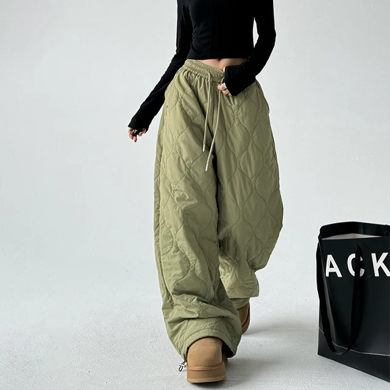 Women Winter Warm Stitched Cotton Pants Casual Loose Quilted Padded Trousers Elastic High Waist Drawstring Pants