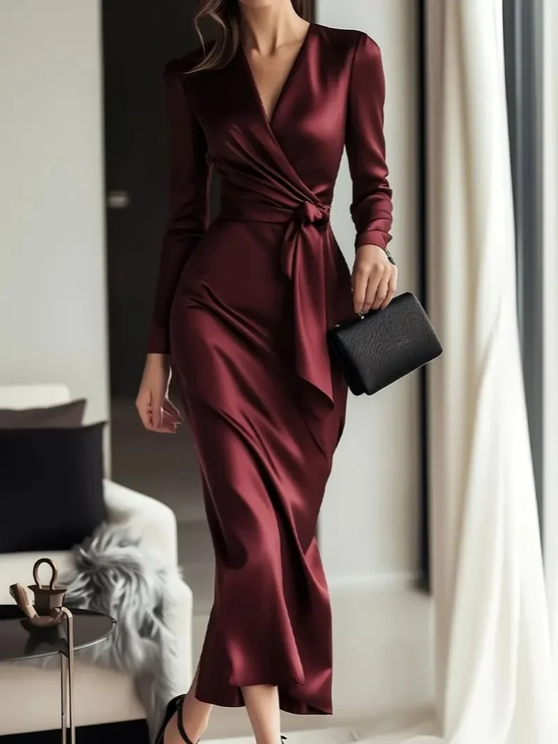 Herbstliches, elegantes Kleid im Hepburn-Stil mit langen Ärmeln, Spitze und tailliertem Schnitt für Damen – Detail 6