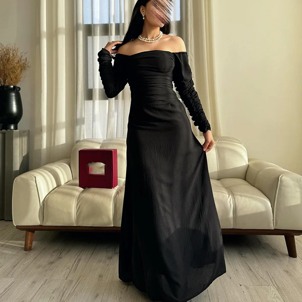 

High Quality A-Line Ankle Length Strapless Jersey Long Sleeves Pleats Evening Dress Modern Photo Color Special Occasion Gowns