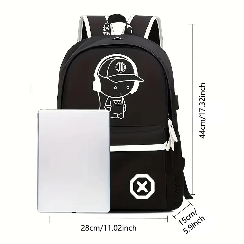 2pcs Luminous Backpack Music Boys USB Casual Backpack Cartoon Print Design Capacity Laptop Lightweight Backpacks With Chest Bags