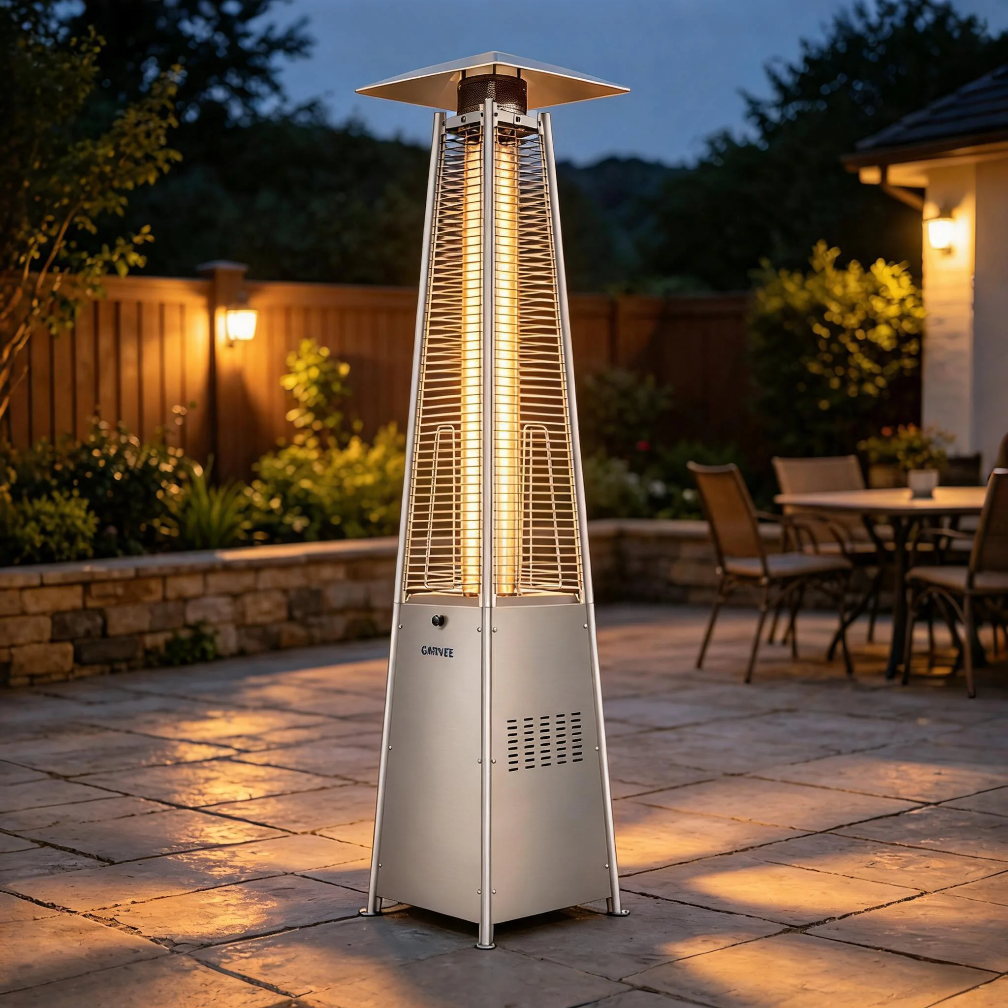89in Pyramid Propane Patio Heater With Visible Flame Glass Tube Wheels Waterproof Cover Adjustable Heat For Deck Garden Poolside Silver