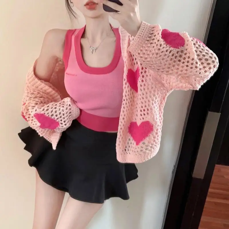 Sweet Pink Heart Cardigan Women Summer Loose Hollow Out Long Sleeve Preppy Style O-neck Fashion Cardigans Female