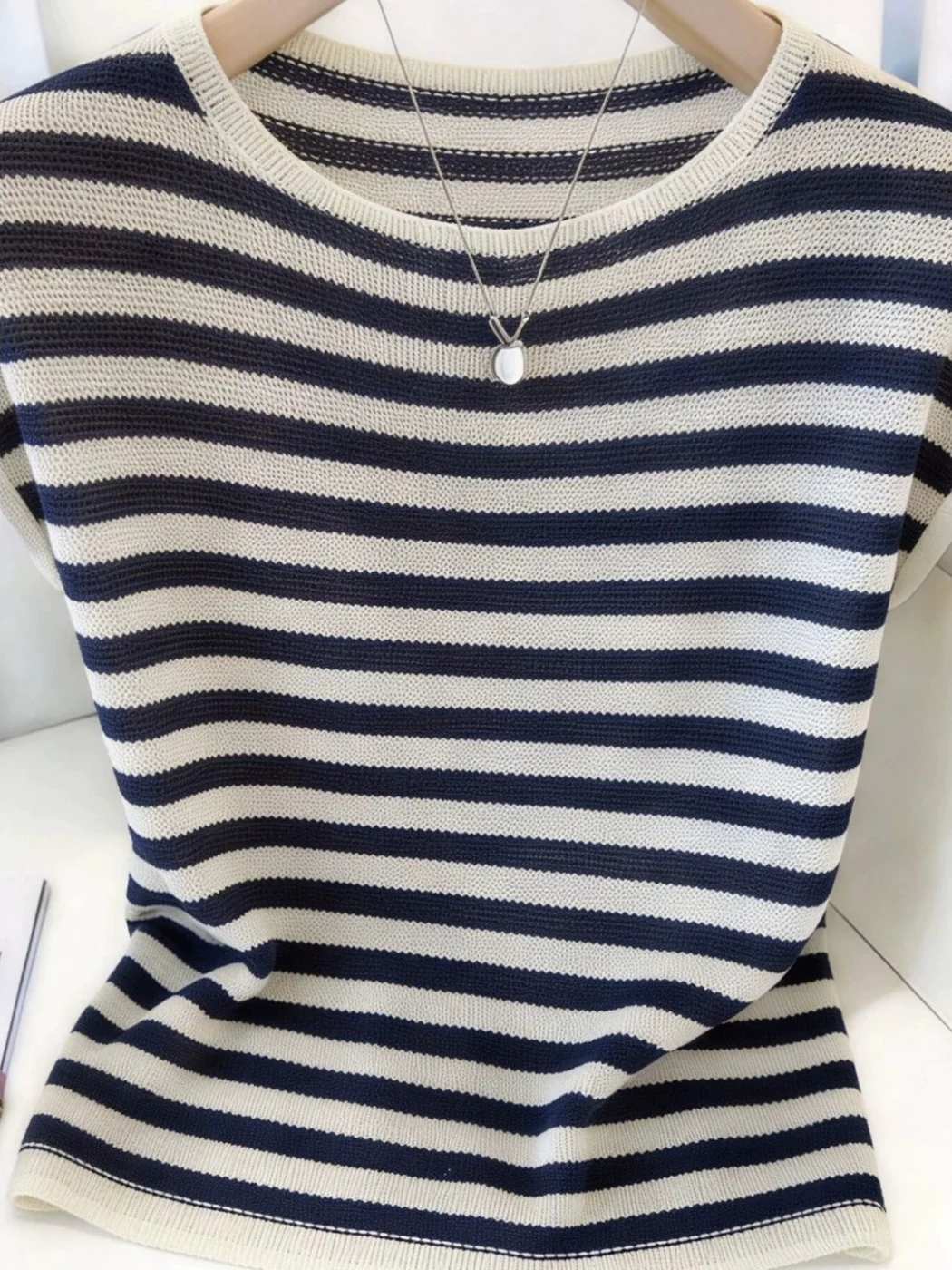 Korean Style Striped T-Shirt Summer New Arrival Knitted round Neck Color Block Slim Fit Short Sleeve Women's Top Fashionable