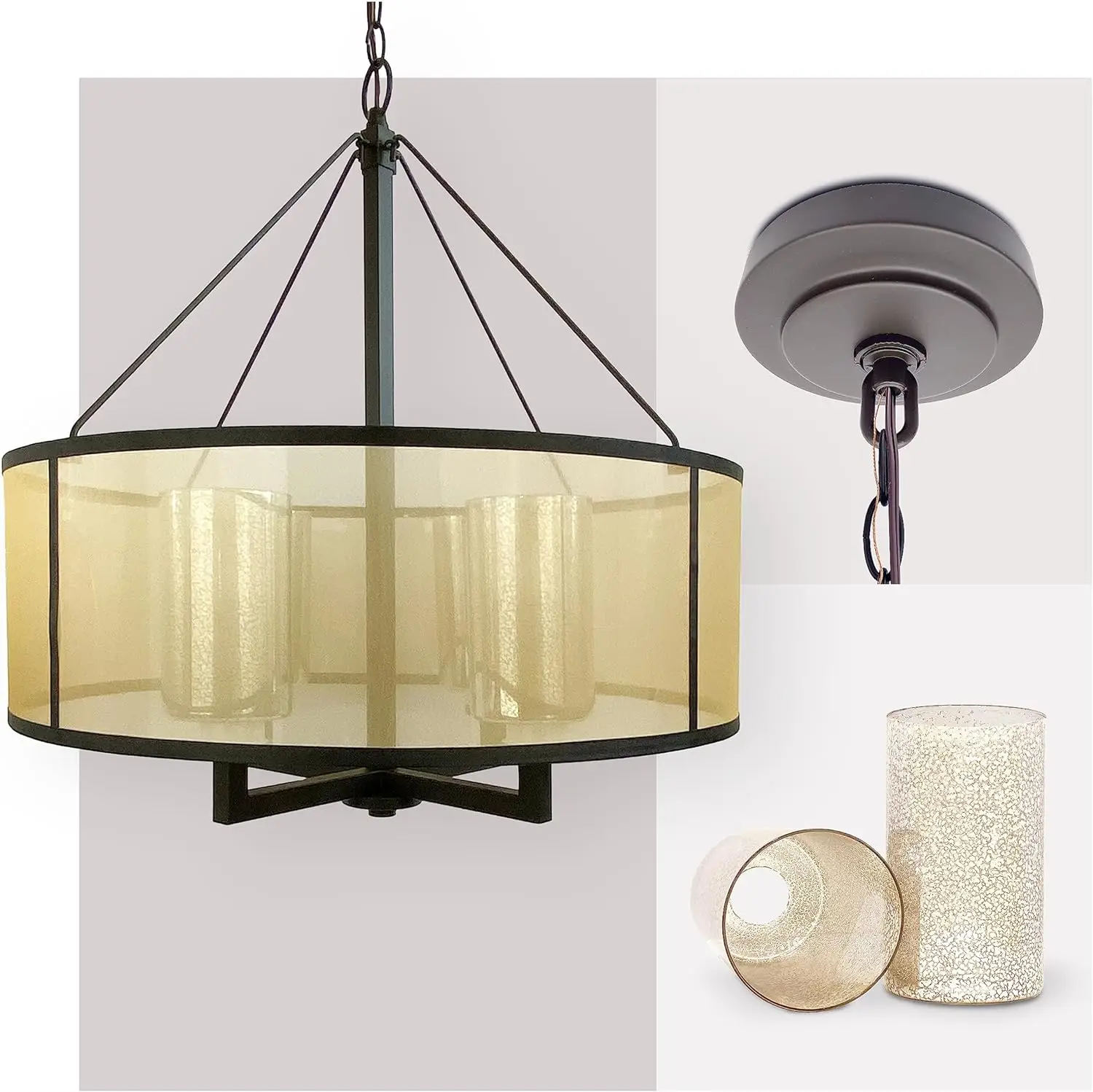 24-inch Chandelier  Pendant w/Beige Fabric and Mercury Glass in Oil Bronze Metal - Transitional, Mid-Century Modern Home