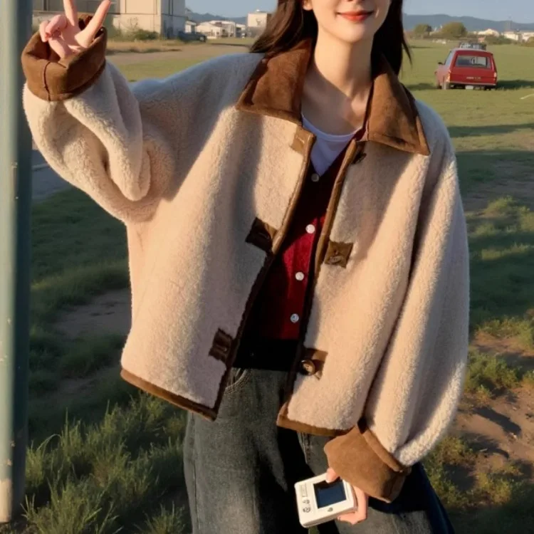 سترة نسائية من الجلد المدبوغ قابلة للارتداء على الوجهين، معطف شتوي سميك من فرو الحمل بأكمام طويلة وتصميم فضفاض مع إغلاق بالأز... #2