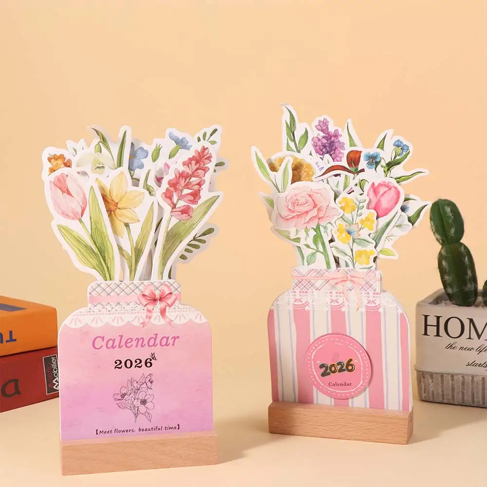 Exquisite Wooden Stand Flowers Desk Calendar Card Insert Traditional Mini Desk Calendar Paper Craft Standing Desk Calendar Home
