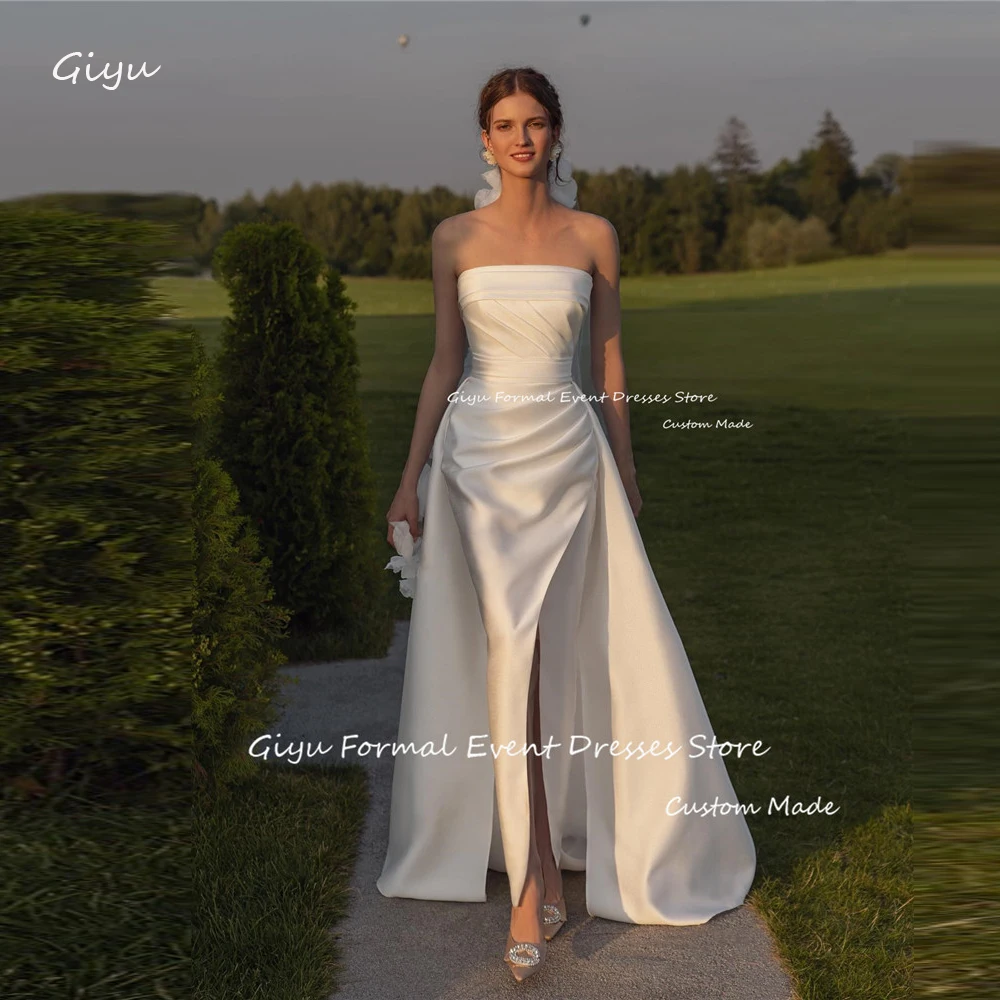 Giyu New Design Soft Satin Wedding Dresses Strapless Attachable Train Split Bride Dress Elegant Vestido de noiva Long Veil Free