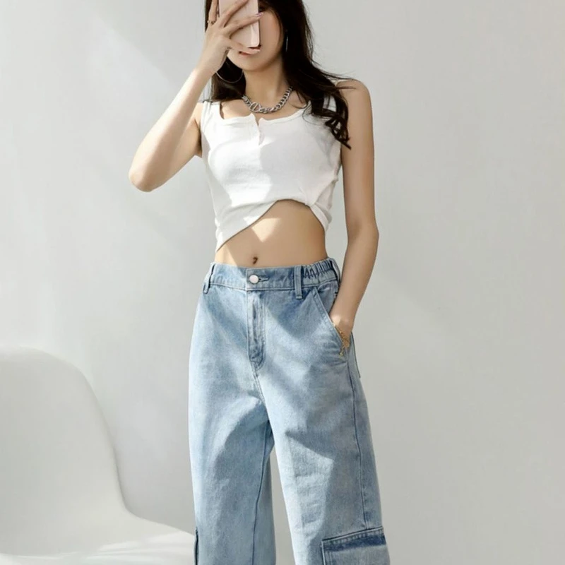 Blauw Alle-Match Jeans Vrouw Casual Hoge Waisted Straight Slim Vintage Wijde Pijpen Denim Broek Met Pocket Cargo Broek office Lady