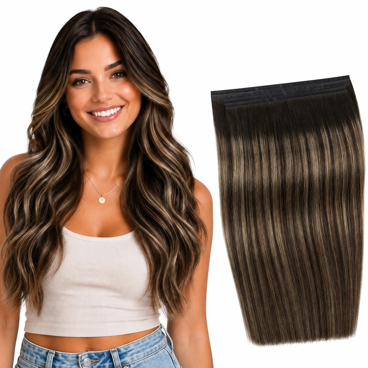 Full Shine Butterfly Weft Hair Extensions Remy Straight Hair Extensions 5 Pcs Double Sided Weft Hair Extensions Invisible Hole Weft Hair