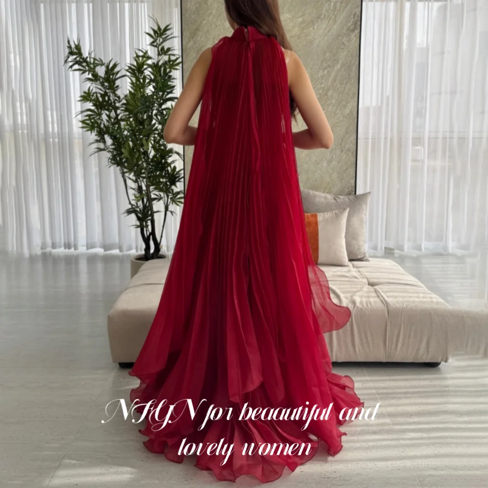 NFYN Rode Elegante Galajurk V-hals Mouwloze Feestjurken Ruches Plooien Trailing Avondjurken robes de soirée Aangepaste