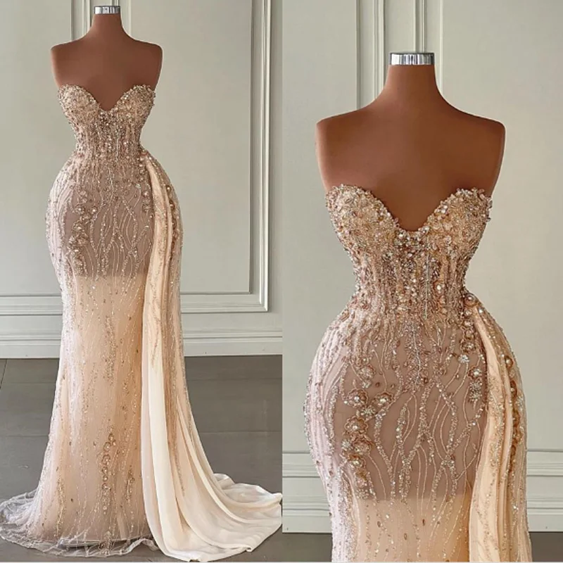 

Customized Shinning Evening Dresses For Females Long Mermaid Luxury Party Dress With Beaded Crystals Gala Gowns