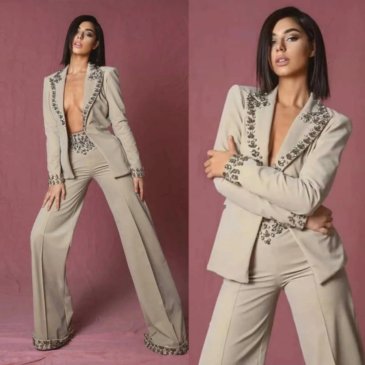 

Amazing Rhinestones Women Suit 2 Pieces Blazer Pants Formal Occasion Lady Jacket Wedding Prom Banquet Wear Customized