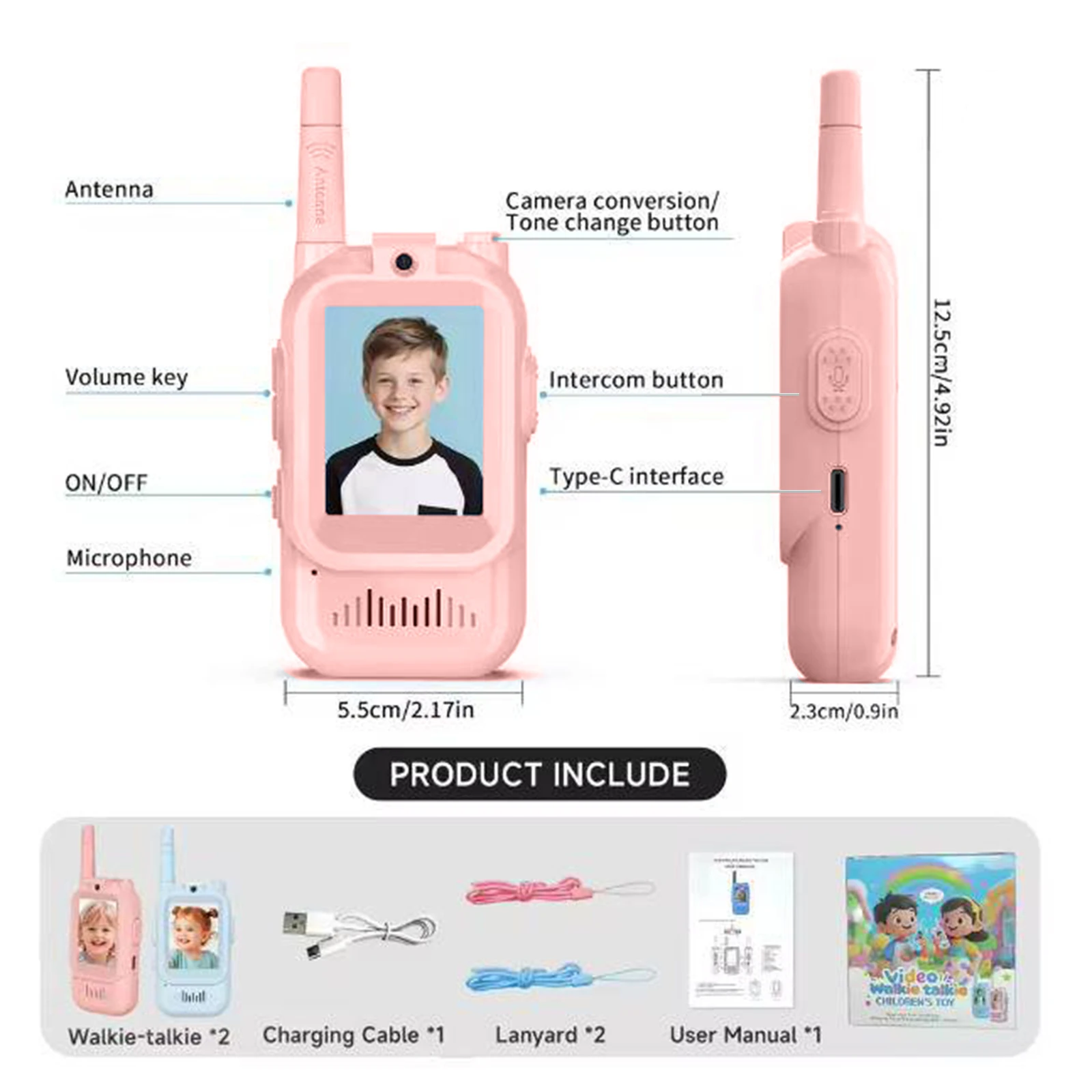 2PCS 2-Inch Screen Video Call Walkie Talkies Rechargeable Intercom Walkie-Talkie Cartoon One-Click Intercoms Gift For Boys Girls