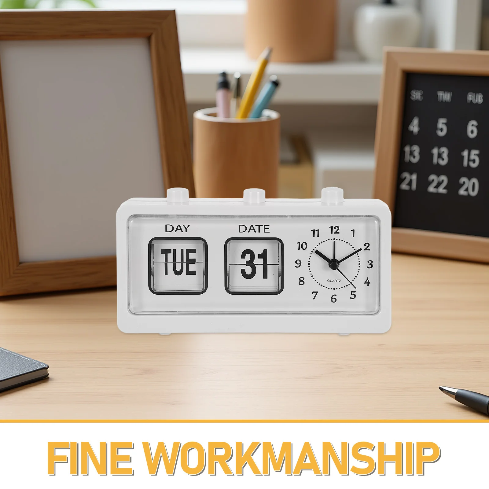 Orologio da tavolo con calendario manuale, design retrò con rotazione della pagina, non richiesto per i bambini che imparano l'ora, giorno, data, visualizzazione della sala studio