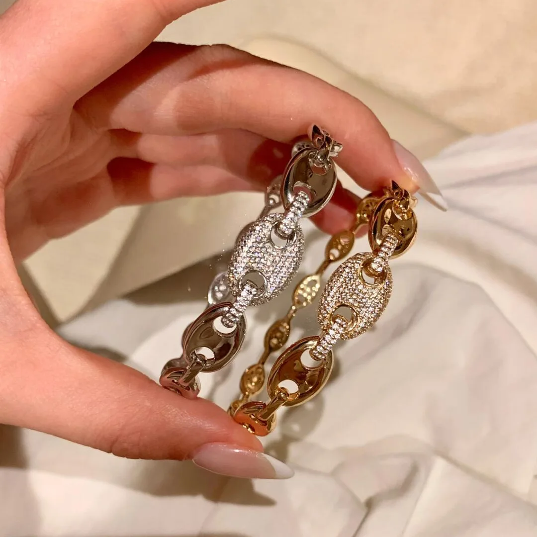 

Foydjew French Style Retro Jewelry Pig Nose Design Gold Color Bracelets with Zircon Hip-hop Hand Accessories For Women