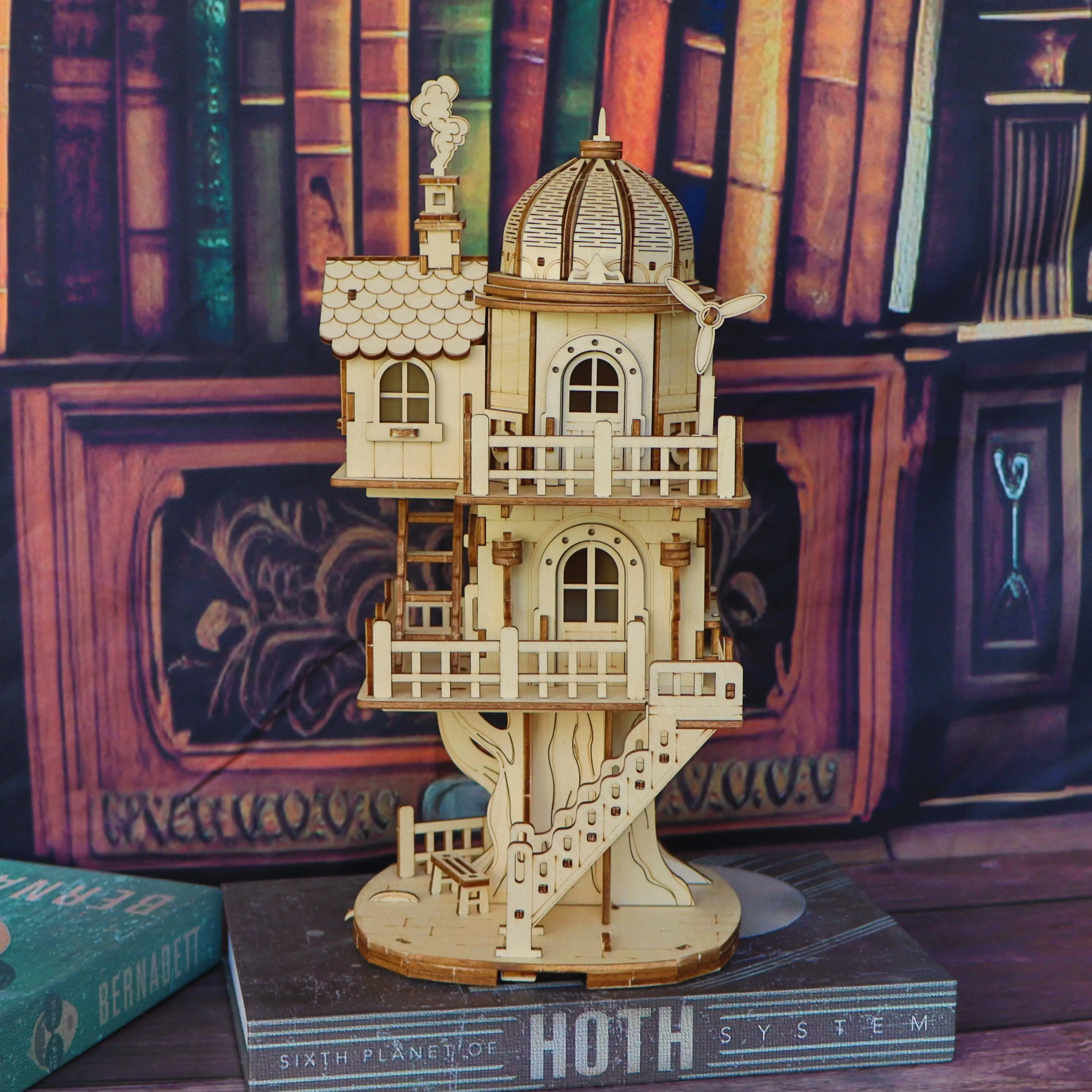 3D wooden puzzle model of treehouse, wooden forest cottage villa, multi story dome building assembly model, handmade DIY creativ