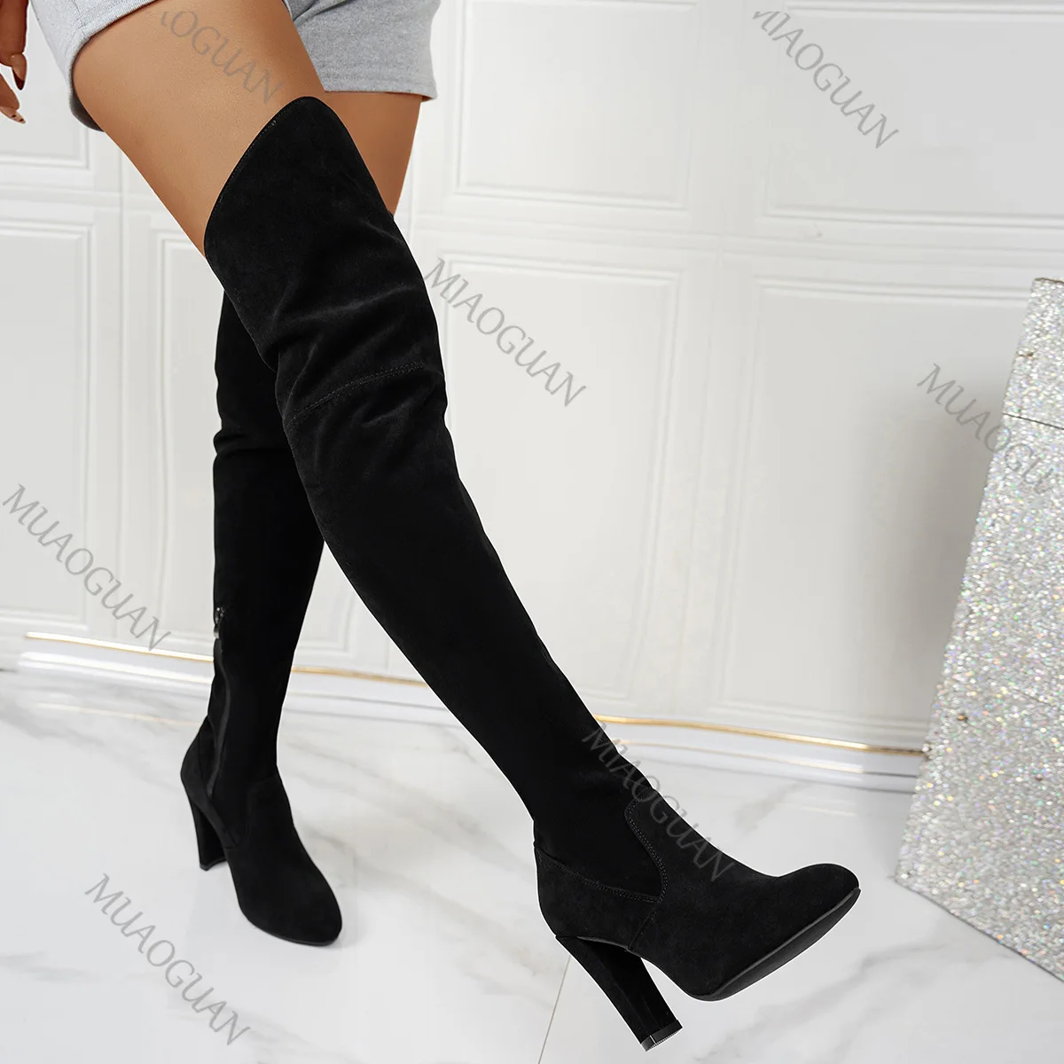 

Autumn Winter New Knee-high Boots Solid Suede Temperament Round Head High-heeled Shoes for Women Sexy Over The Knee Sock Boots