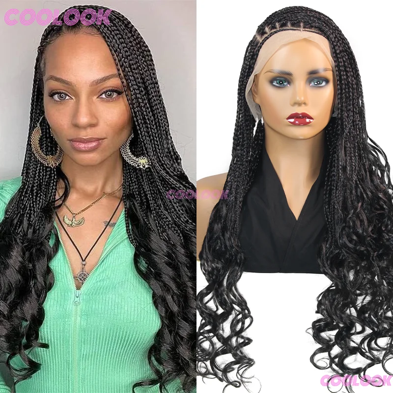 

28-дюймовые синтетические французские вьющиеся плетеные парики для чернокожих женщин, полные парики спереди, без узлов, косички, кружевной парик, коса, африканские парики