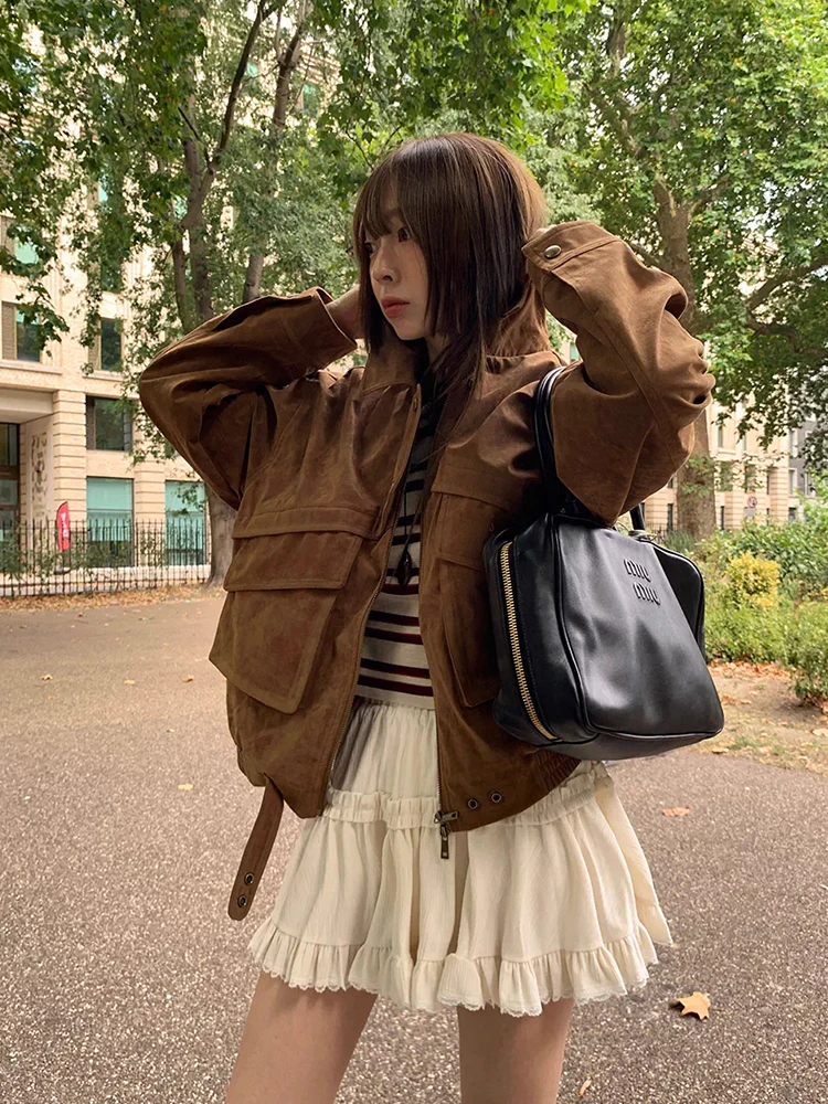 Ele retro sle longo sve jaet feminino chique outono nova faion ket aba pele de veado casaco de veludo sli outerwear