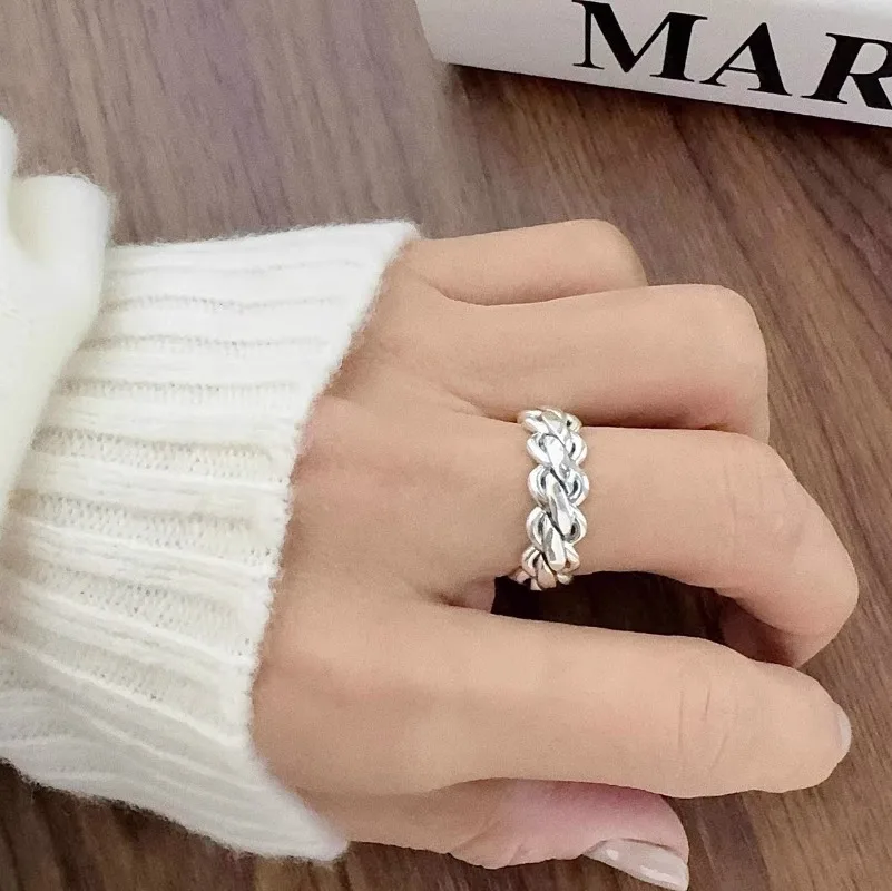 

S925 Sterling Silver Retro Geometric Fried Dough Twists Adjustable Opening Rings for Women Fine Jewelry Minimalist Accessories