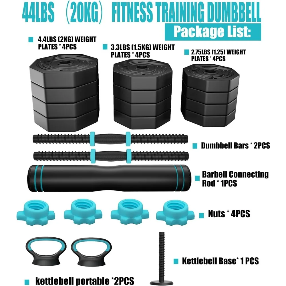 Adjustable Dumbbells Weights Set 20/22/44Lb,ARUNDO 3 in 1 Free Weights Barbells with Connector,Non-Rolling Octagon