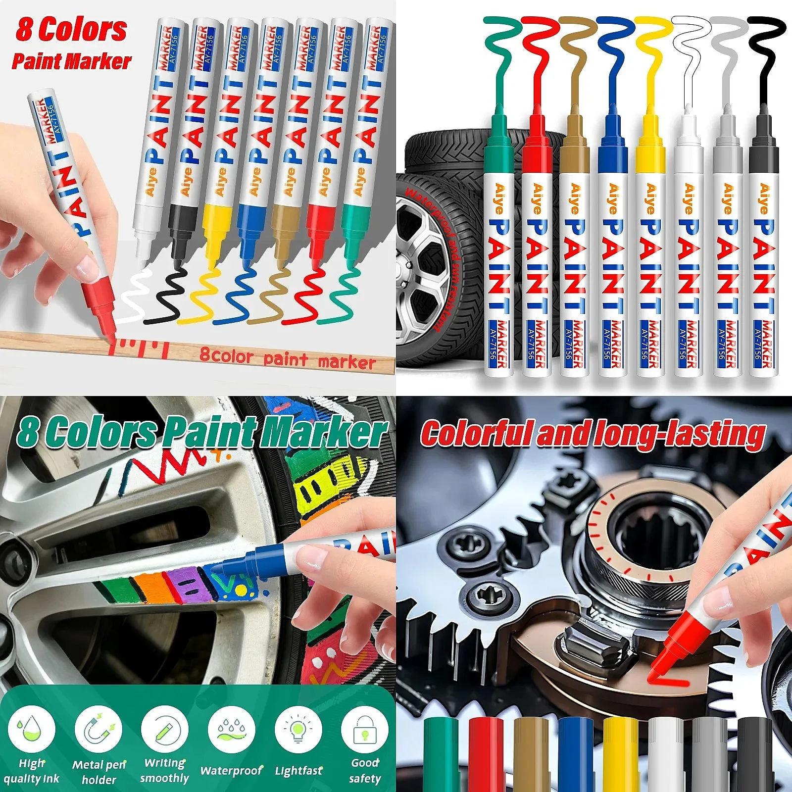 8 Color Permanent Paint Pen Set Waterproof Car Wheel Tire Oily Marker Auto Rubber Tyre Touch Up Graffiti Pen