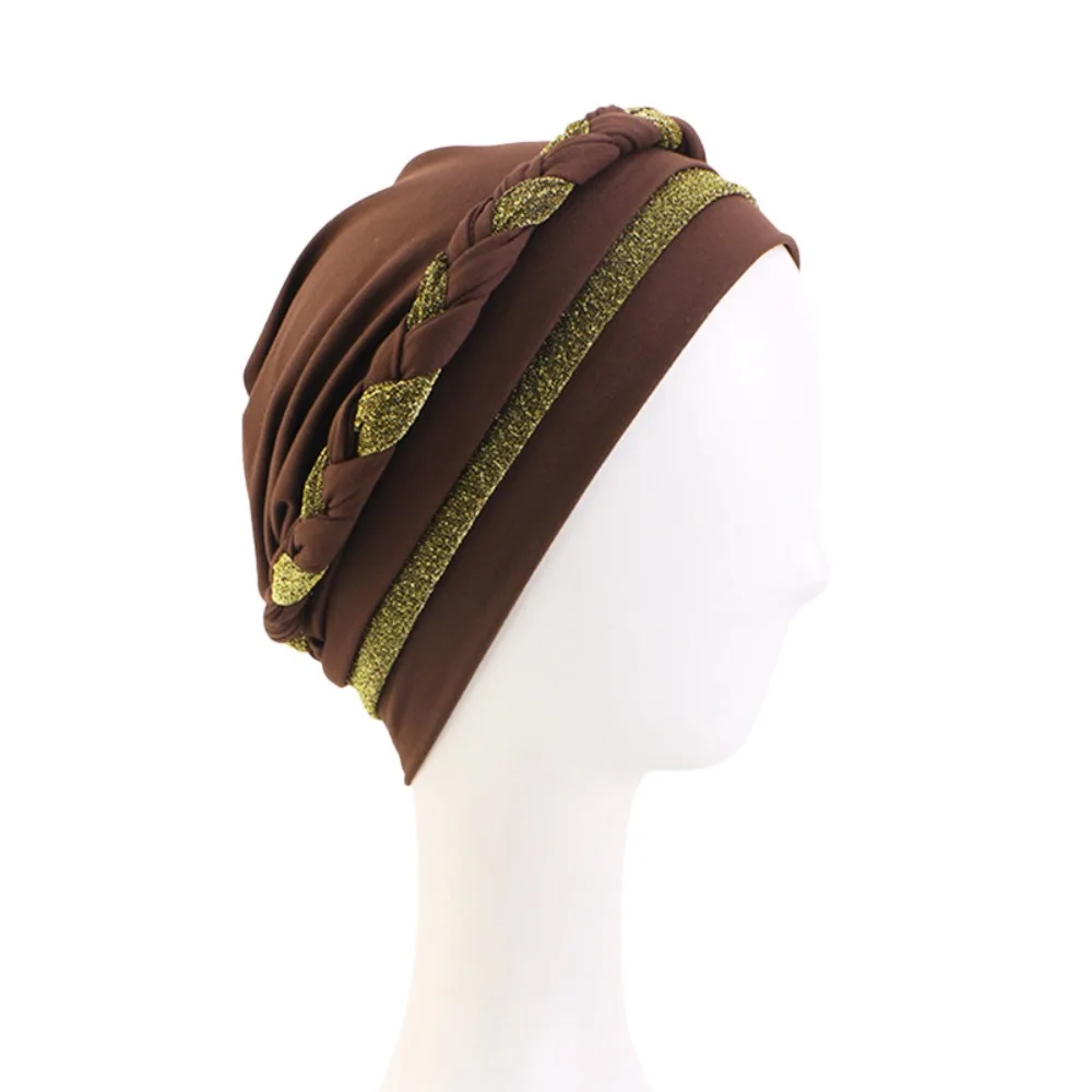 

High Quality Soft Women Turban Hijab Hat Elastic Breathable African Head Wraps Bright Silk Braid Headband Headwear