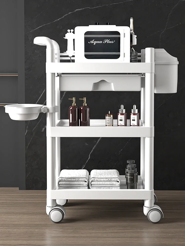 Small trolley for beauty salons, mobile push-behind rack, plastic care instrument tool cart