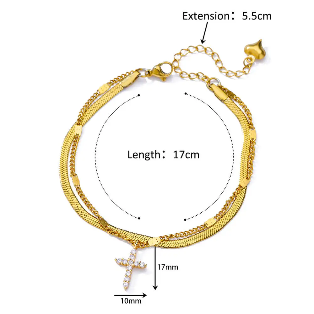 Zircon Cross Anklets for Women, Double Chain Design