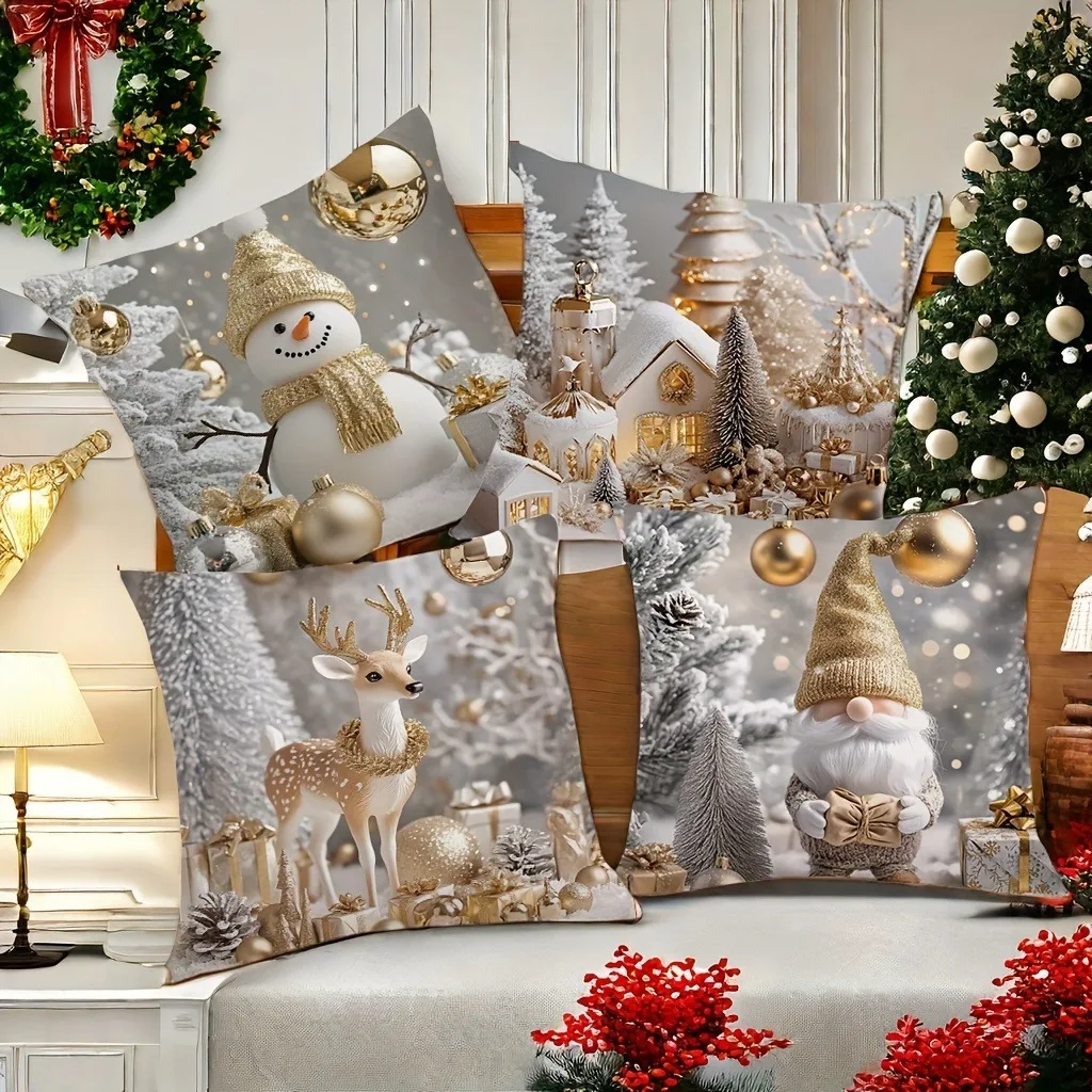 Gold decoration snow Scene Christmas: Snowman, fawn and Elf pillowcase New Year Home Decoration 2d flat printing
