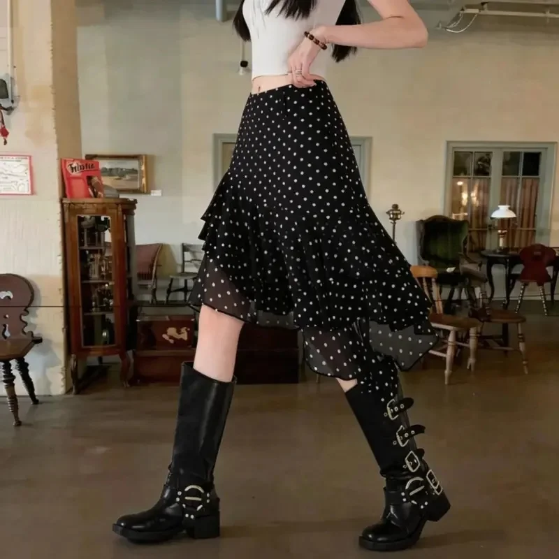 

Новая модная женская летняя шифоновая юбка в горошек с высокой талией, тонкая, А-силуэта, многослойная, повседневная, пляжная