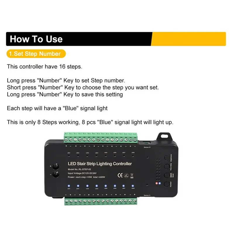 A84E-Stair LED Motion Sensor Controller DC12V 24V 16Channels Indoor PIR Night Light Dimmer For Stairs Flexible Strip