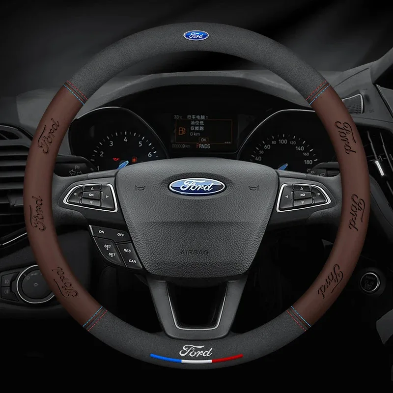 Auto Wildleder 3D Coining Logo Antislip Lenkrad Abdeckung Für Ford Mondeo Focus Raptor Puma Edge Explorer F150 Ranger Fusion Kuga