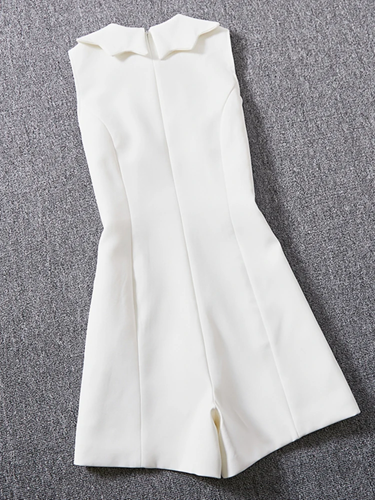 Fashion White Petal Collar Sweet High Street Women's Jumpsuit 2023 Summer New Light Luxury Diamond Slim Playsuit