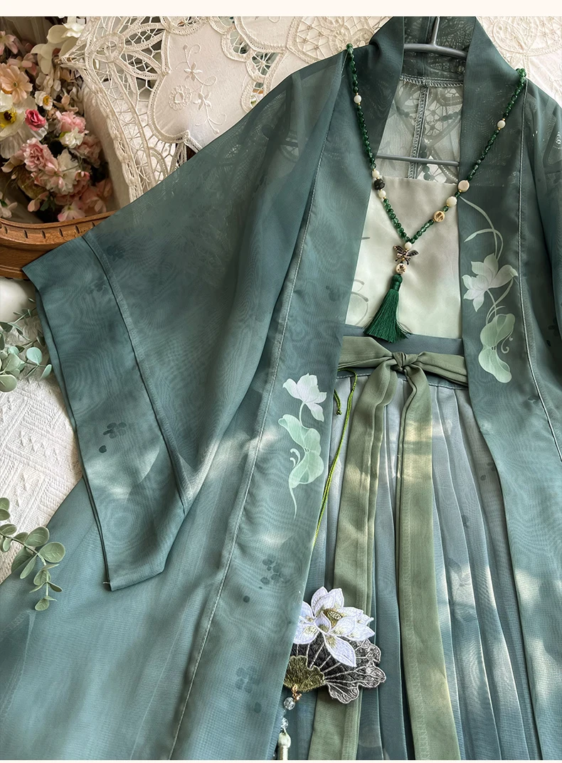 Vestido longo hanfu feminino, roupas han, trajes estampados com flores, alça e saia, novo estilo chinês, verde, verão, elegante