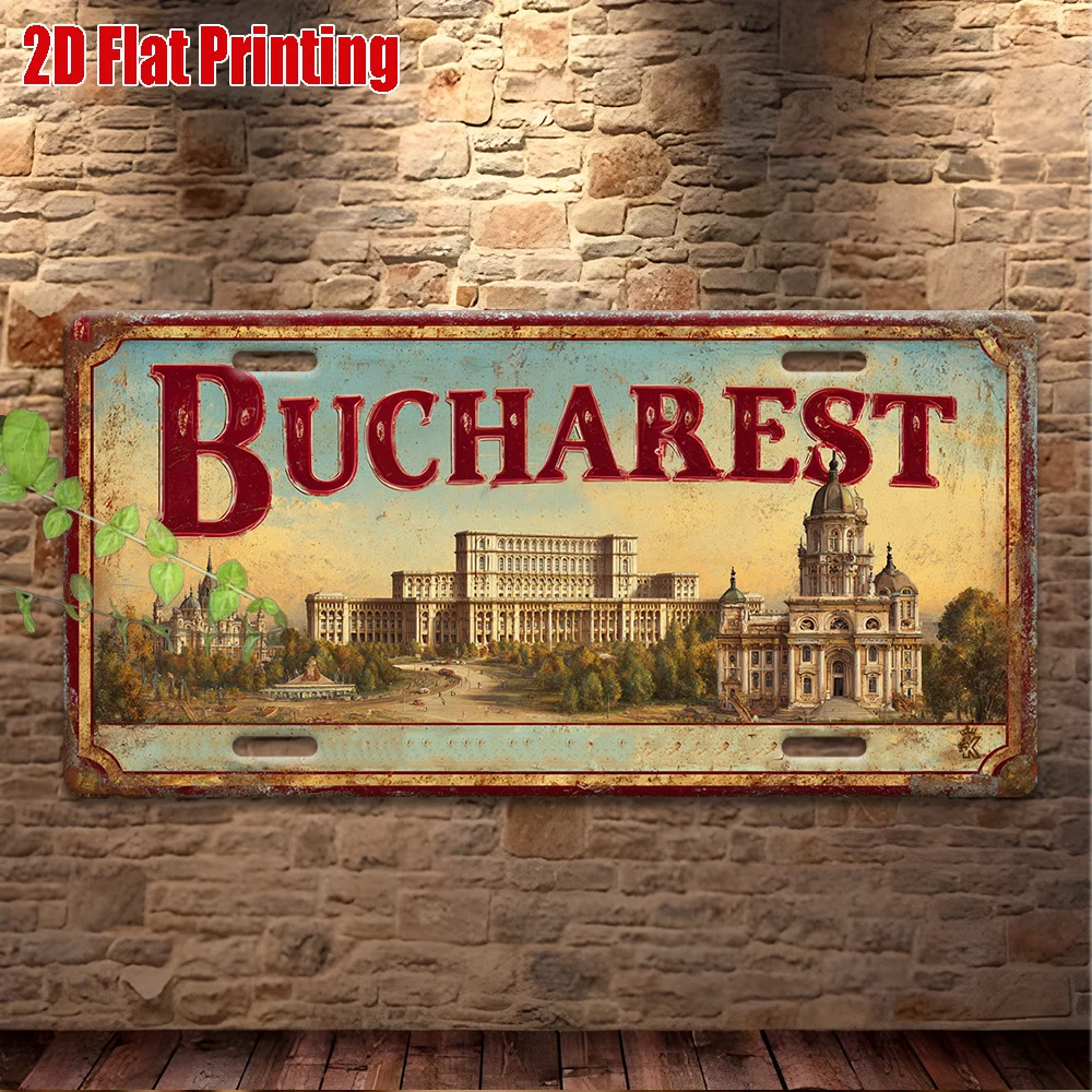2D Flat Printing, 1pc, Vintage Metal Tin Sign, Bucharest Sign (29.97X14.99 cm), Boxing Day Gift, Retro Style, Gift for Siblings,