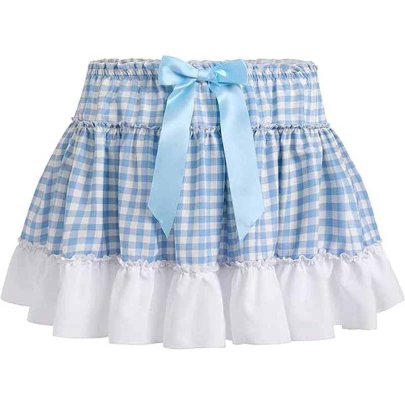 Maemukilabe Cute Plaid Patchwork Ruffled A-Line Skirt Women Summer Mini Skirts Beach Vacation Y2K Aesthetic Kawaii Retro Skirt