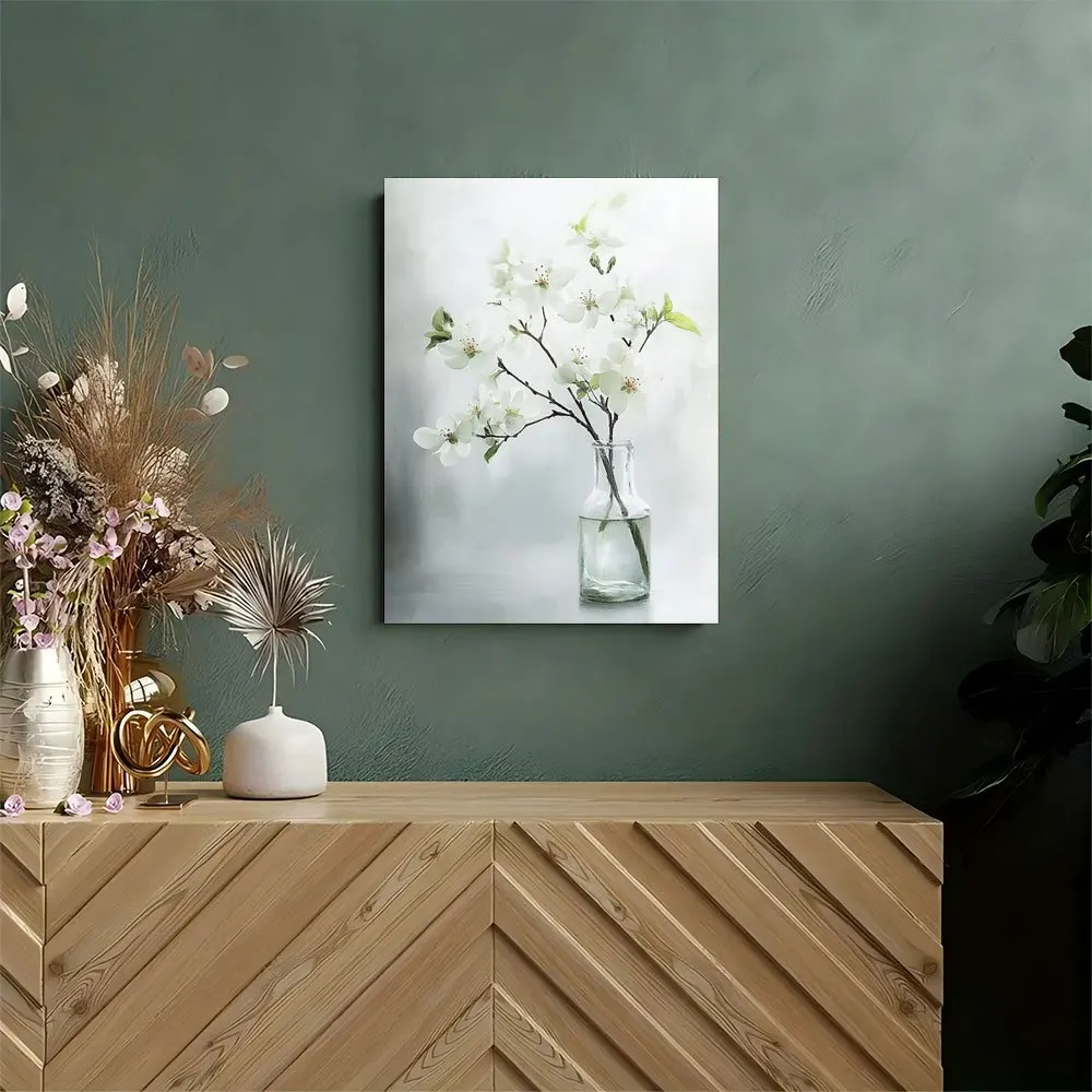 (No frame)2D Flat, 2D Flat Framed Canvas Painting, Depicting White Flowering Apple Branches in a Glass Vase, Ready to Hang on