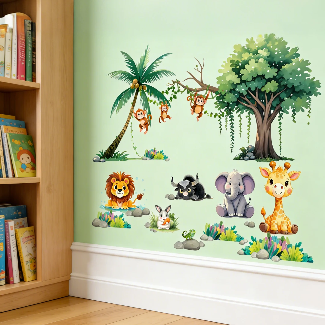Cartoon Animal Monkey Vine Self-Adhesive Wall Stickers Decorative Removable Decals for Children's Room Shop Background Wall Beau