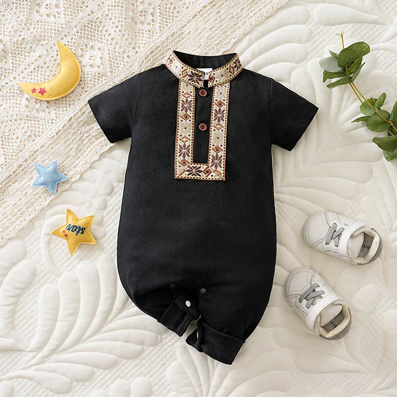 100% Cotton Retro lace Ethnic style black Romper Children's Wear Toddler Onesie Knitted Soft Minimalist Comfortable Casual Style