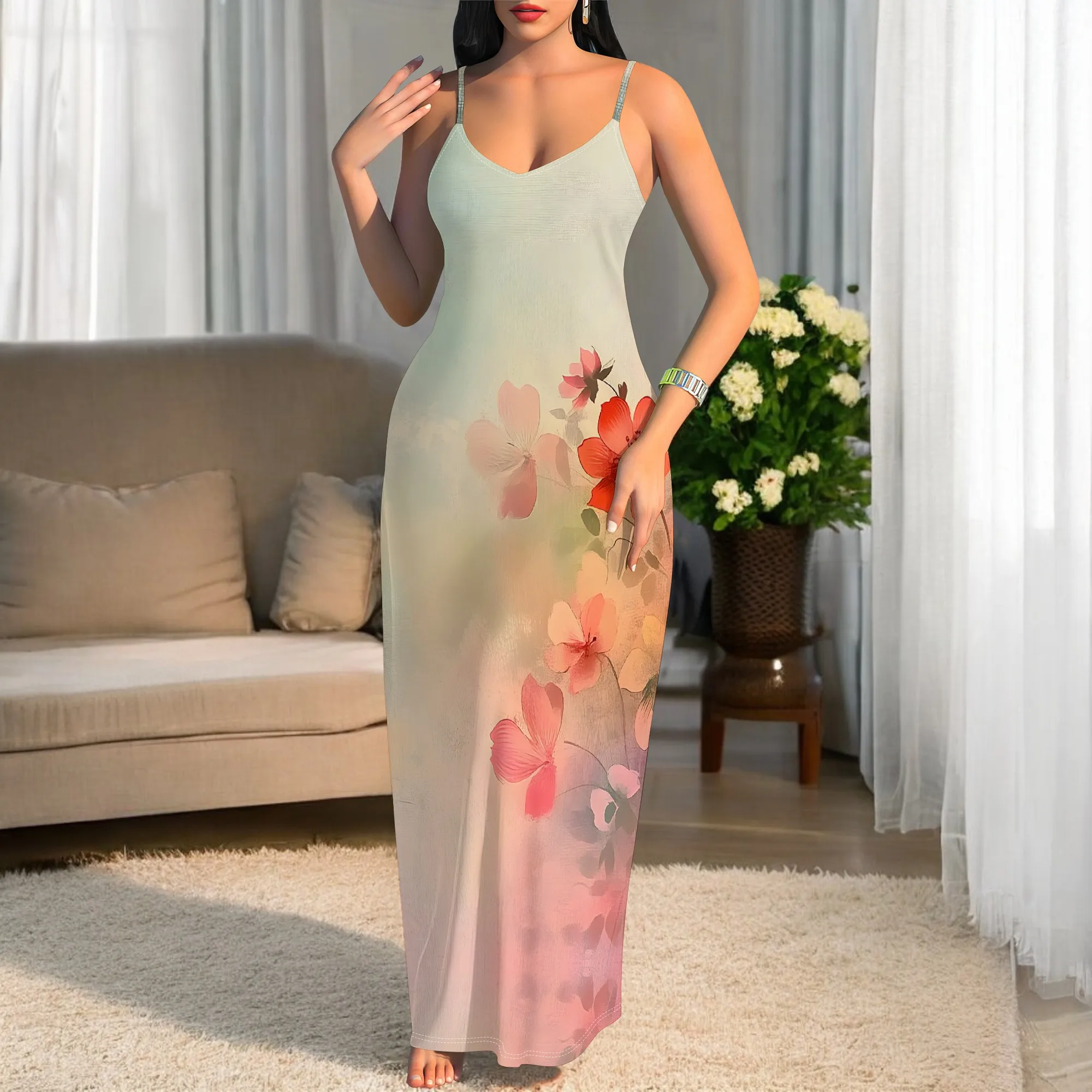 

Women's Gradient Floral Maxi Dress V-Neck Spaghetti Strap Sleeveless Slim Fit Dress for Beach Vacation Holiday 2025 Summer