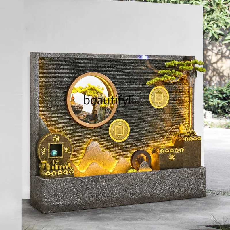 Wealth-Attracting Water Curtain Wall Ornament Pine Landscape Gold Decoration Lighting Creates Prosperous Home Atmosphere